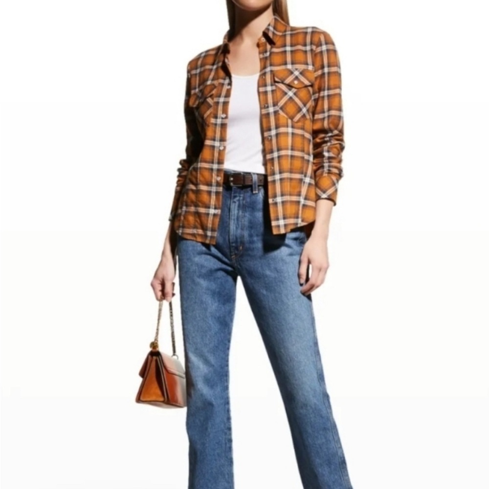 Veronica Beard Sz 10 Barnette Plaid Flannel Pearl Snap Button Down Shirt Gold